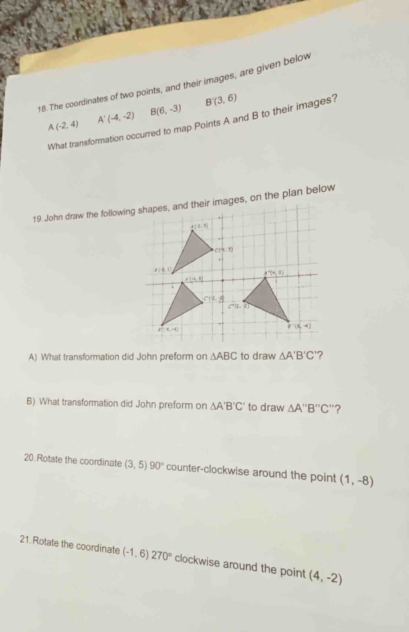 18. the coordinates of two points, and their images, are given below a …