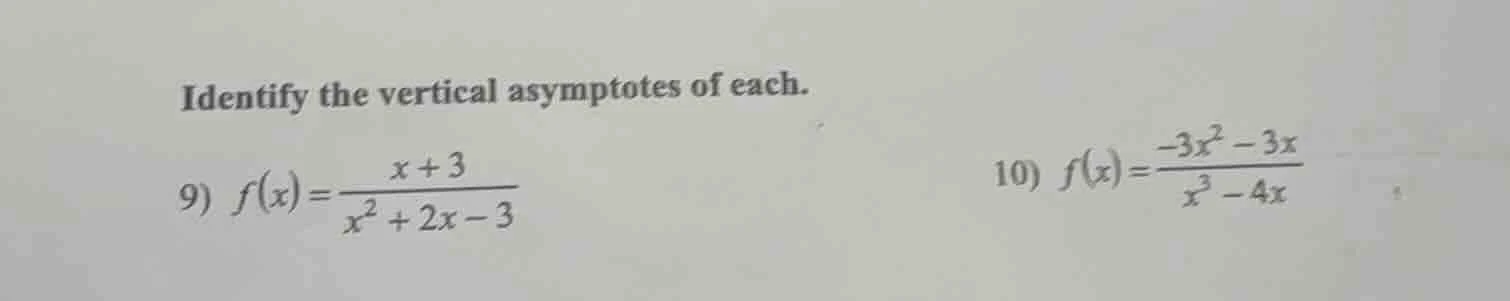 identify the vertical asymptotes of each. 9) $f(x)=\frac{x + 3}{x^{2}+2…