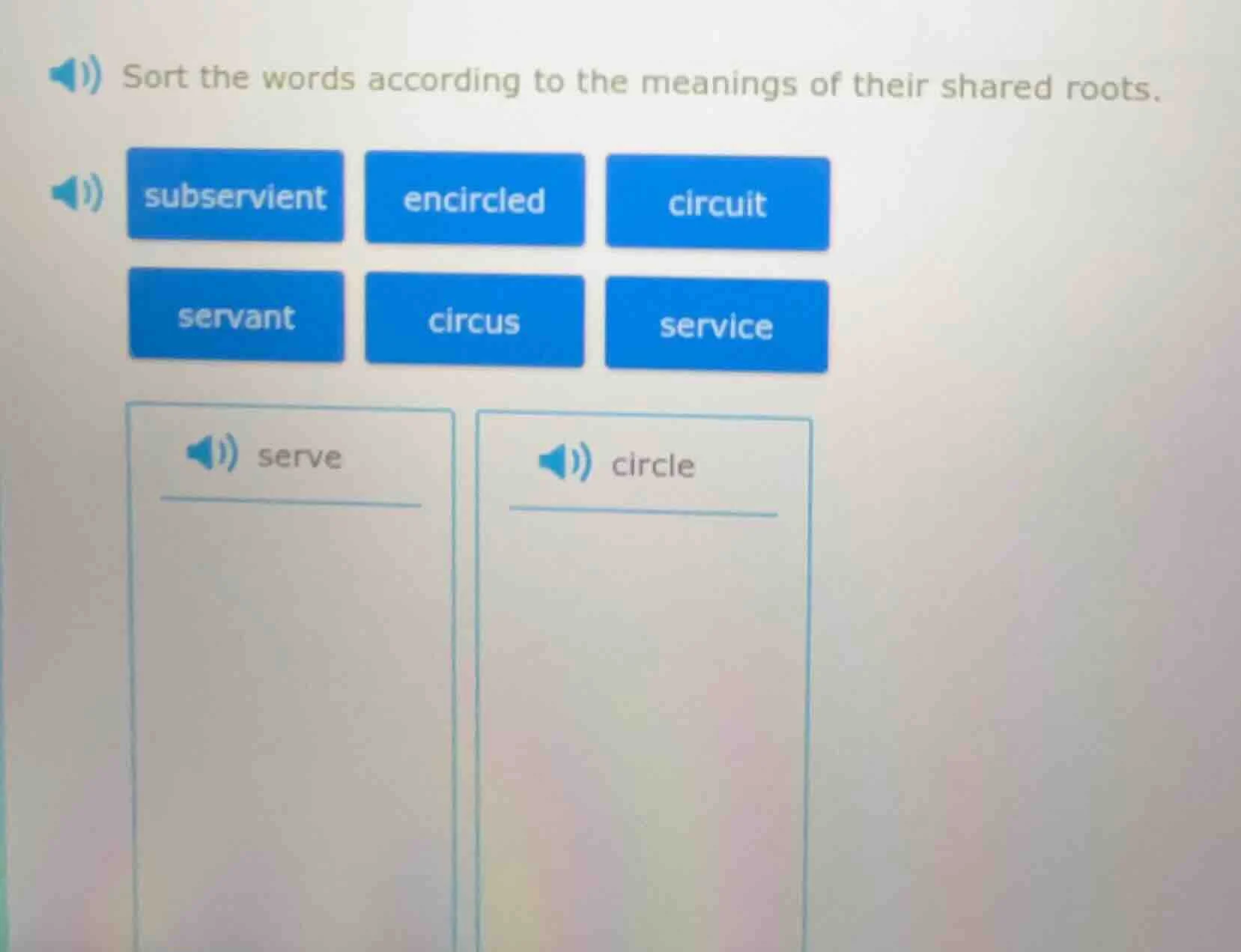 sort the words according to the meanings of their shared roots. subserv…