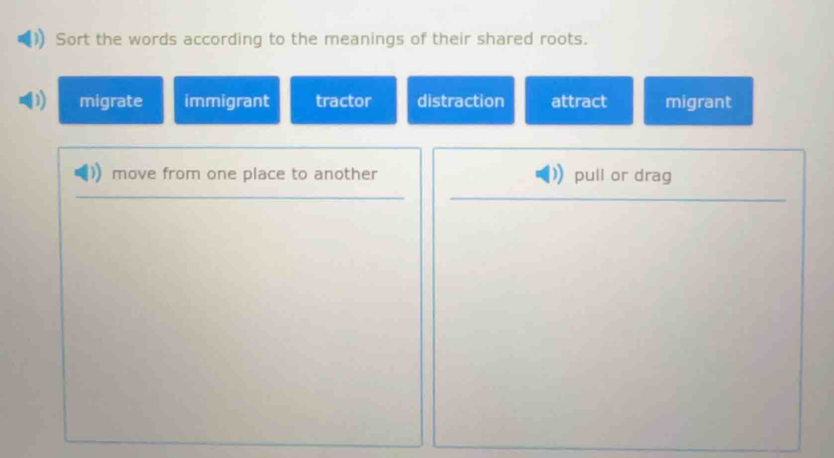 sort the words according to the meanings of their shared roots. migrate…