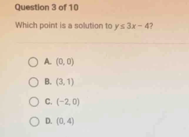 question 3 of 10 which point is a solution to $y \\leq 3x - 4$? \\bigci…
