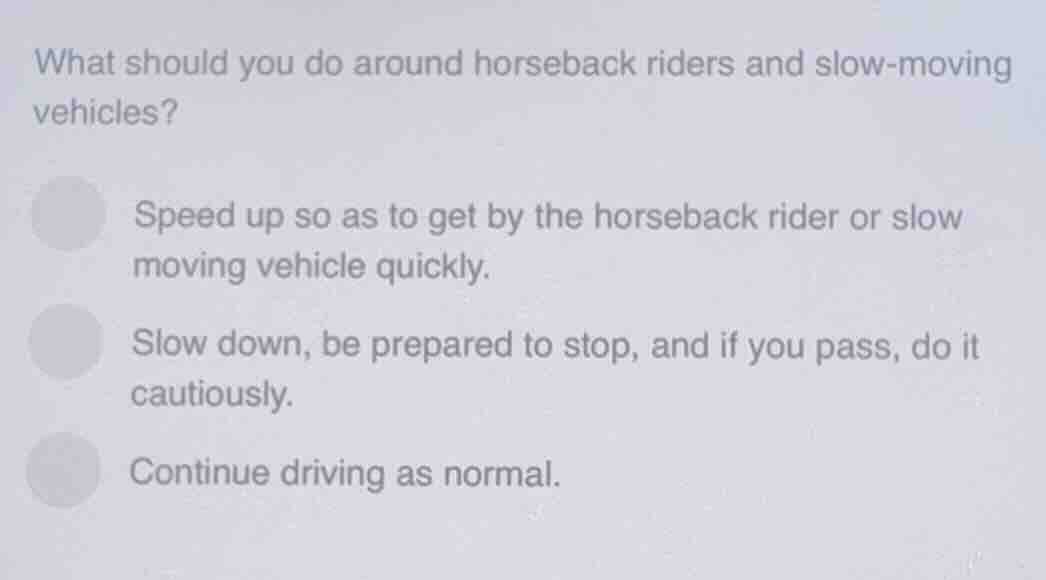 what should you do around horseback riders and slow - moving vehicles? …