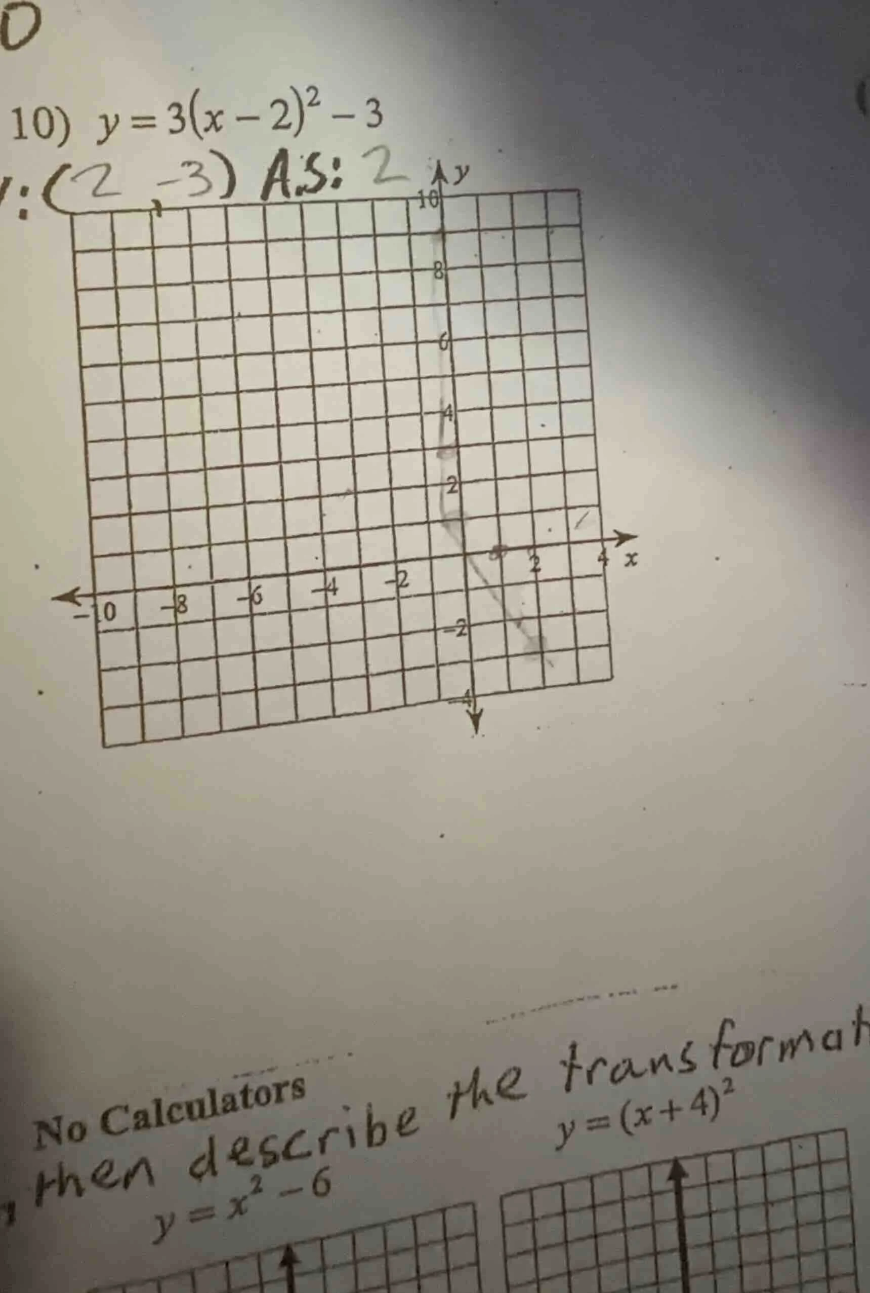 10) $y = 3(x - 2)^2 - 3$ no calculators then describe the transformat $…