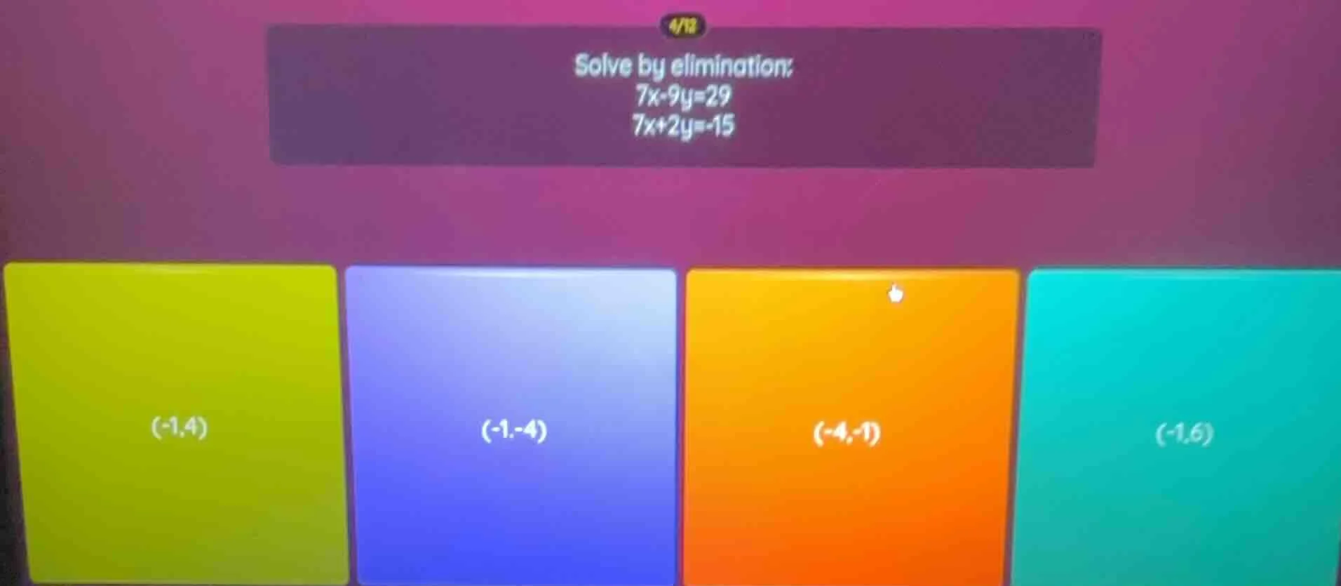 solve by elimination: 7x - 9y = 29; 7x + 2y = -15