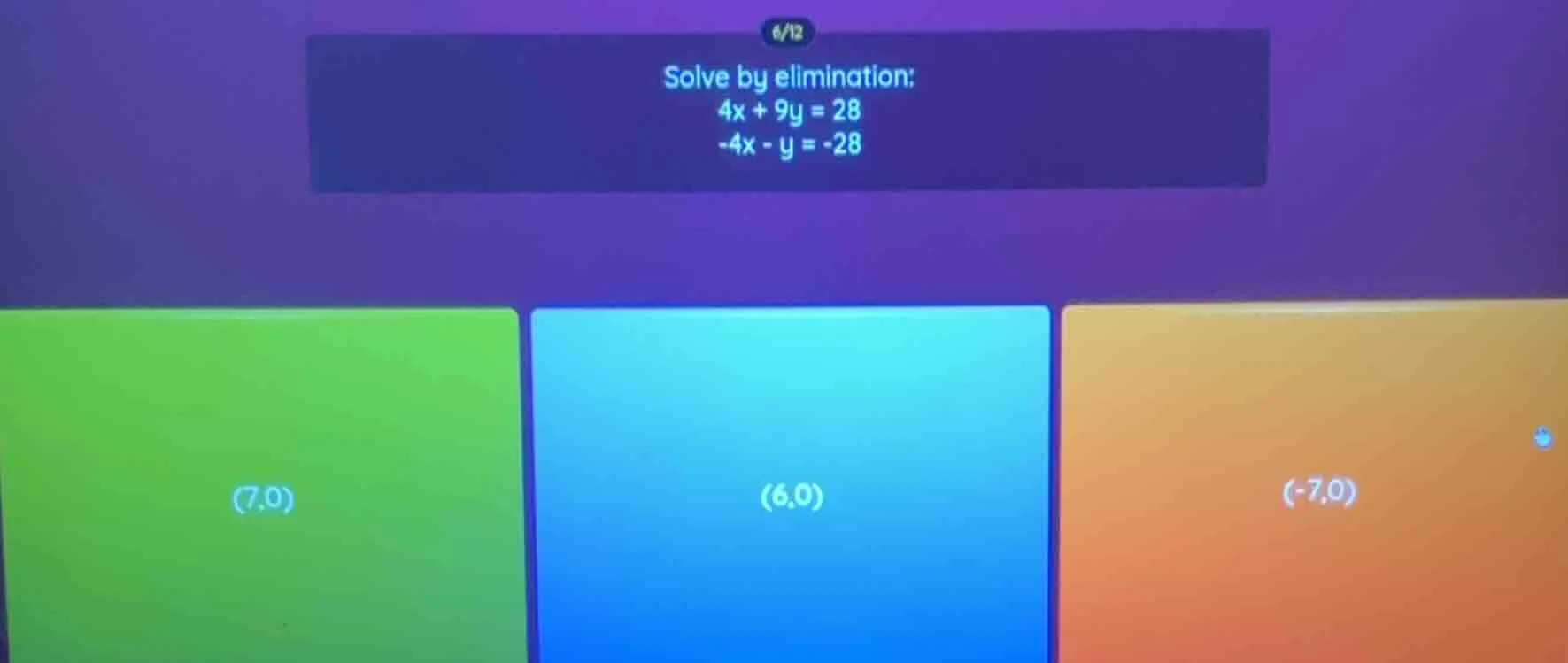 solve by elimination: 4x + 9y = 28 -4x - y = -28 (7,0) (6,0) (-7,0)