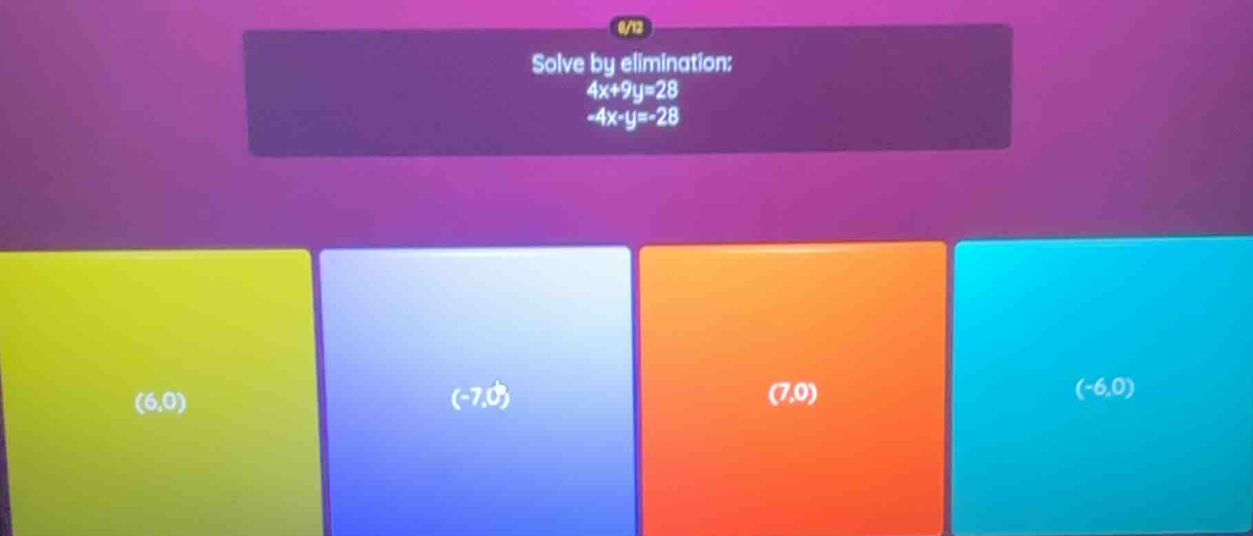 solve by elimination: 4x + 9y = 28 -4x - y = -28