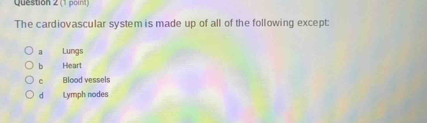 question 2 (1 point) the cardiovascular system is made up of all of the…