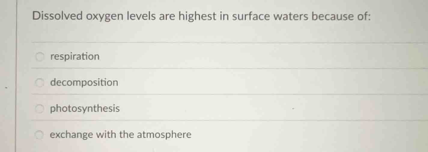 dissolved oxygen levels are highest in surface waters because of: respi…