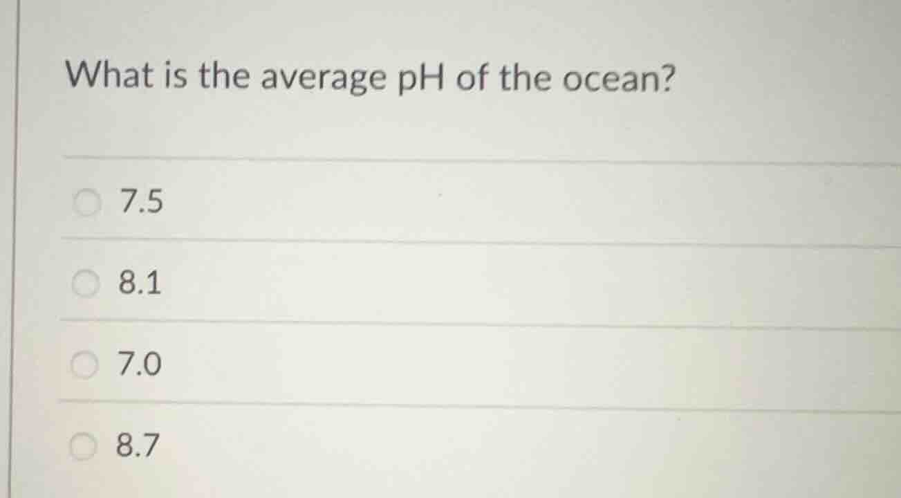 what is the average ph of the ocean? 7.5 8.1 7.0 8.7