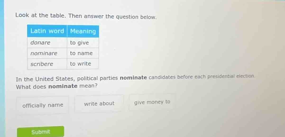 look at the table. then answer the question below. latin word | meaning…