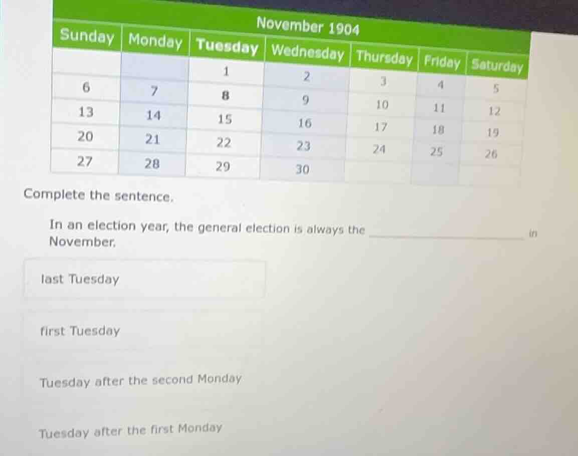 november 1904 sunday monday tuesday wednesday thursday friday saturday …