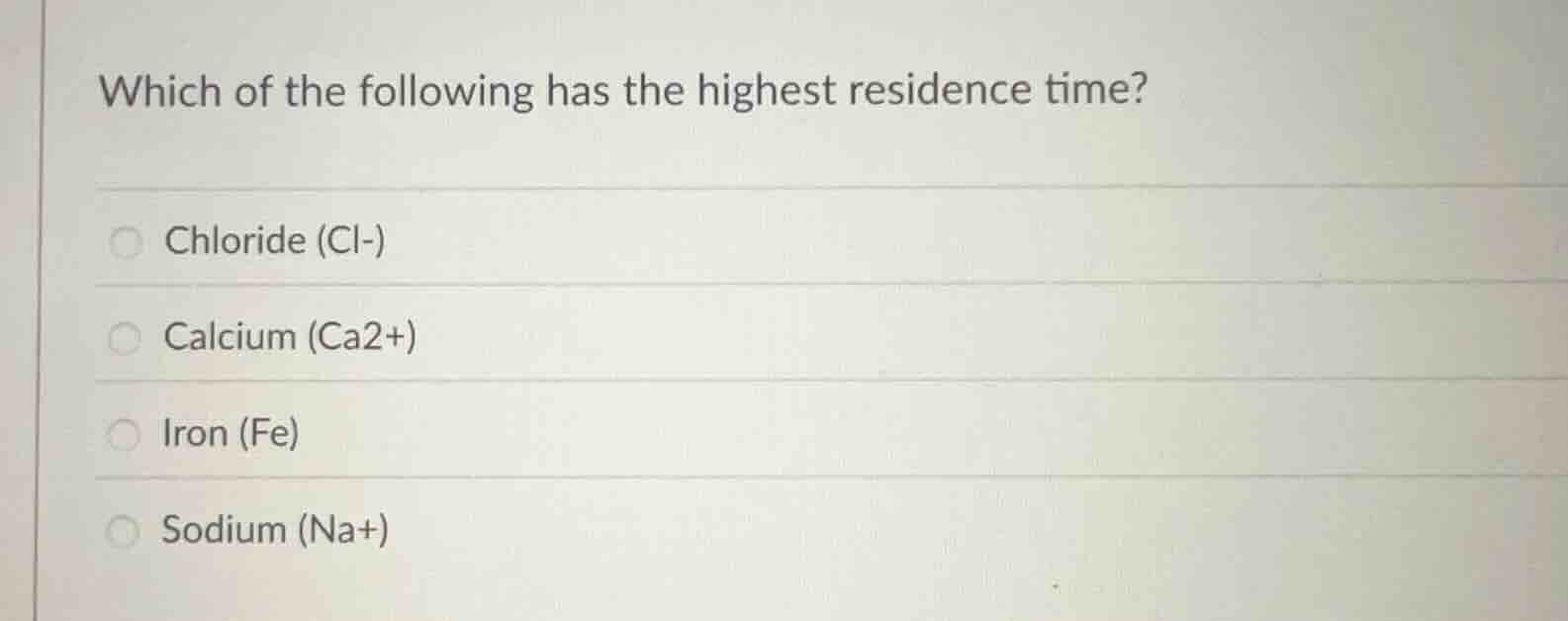 which of the following has the highest residence time? chloride (cl-) c…