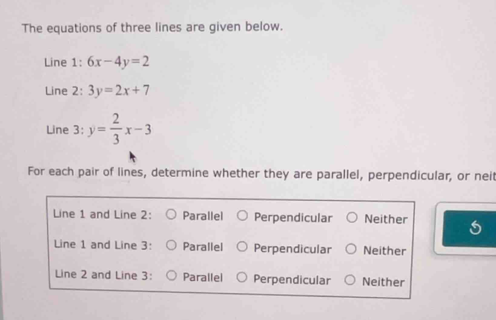 the equations of three lines are given below. line 1: $6x - 4y = 2$ lin…