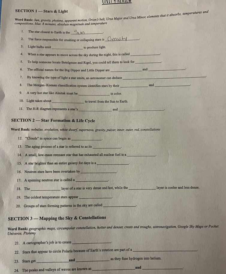 section 1 — stars & light word bank: sun, gravity, photons, apparent mo…