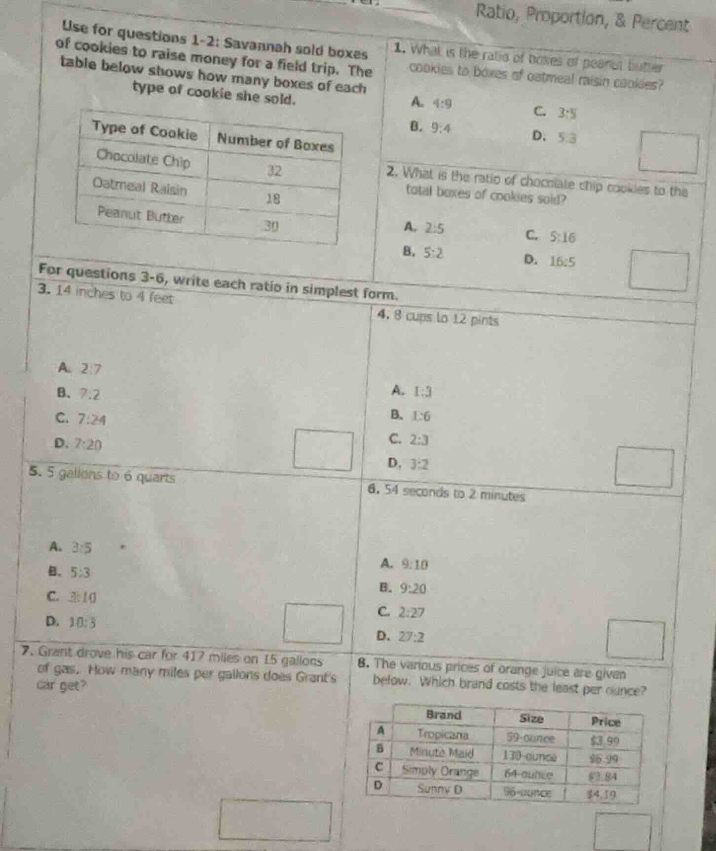 ratio, proportion, & percent use for questions 1-2: savannah sold boxes…