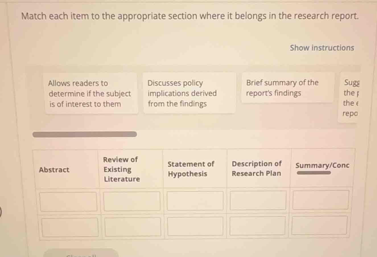 match each item to the appropriate section where it belongs in the rese…