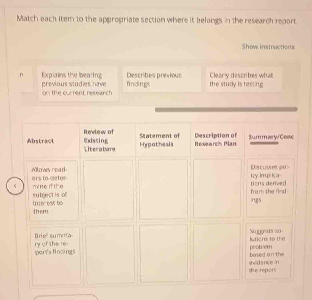 match each item to the appropriate section where it belongs in the rese…