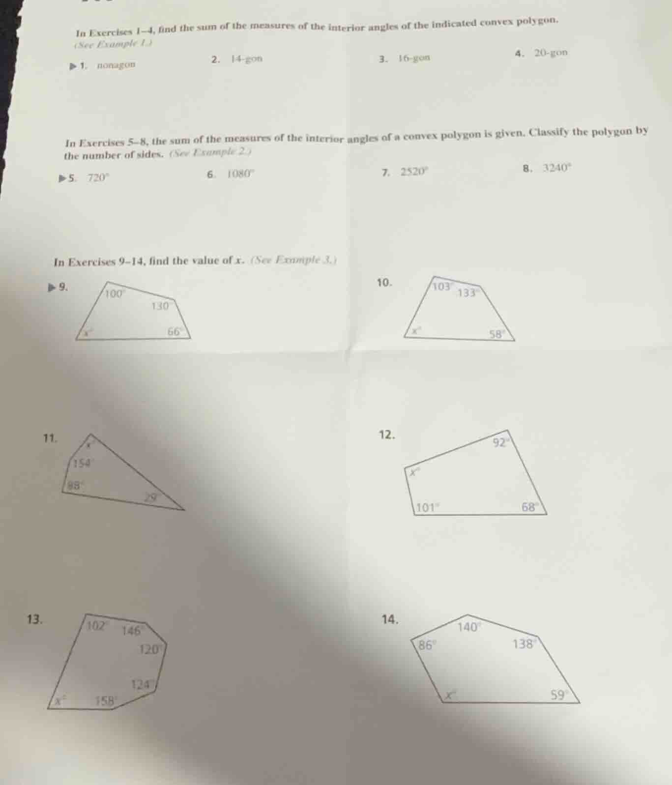 in exercises 1–4, find the sum of the measures of the interior angles o…