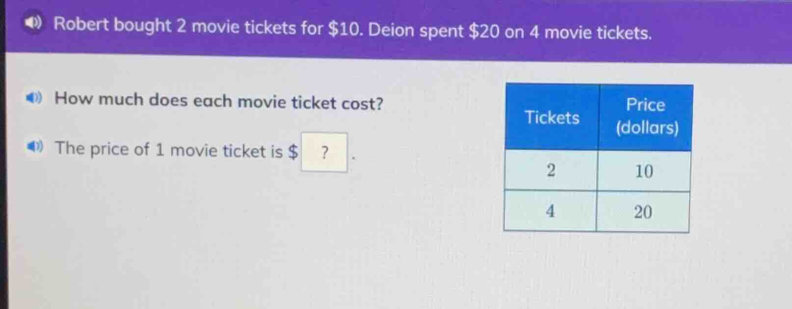 robert bought 2 movie tickets for $10. deion spent $20 on 4 movie ticke…