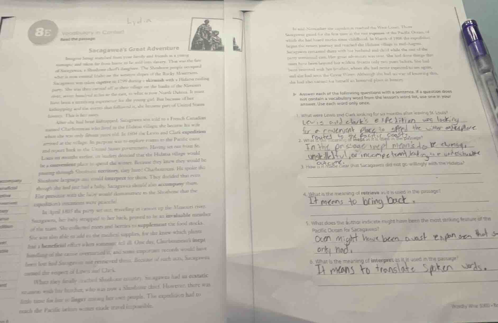 vocabulary in context read the passage sacagawea’s great adventure imag…