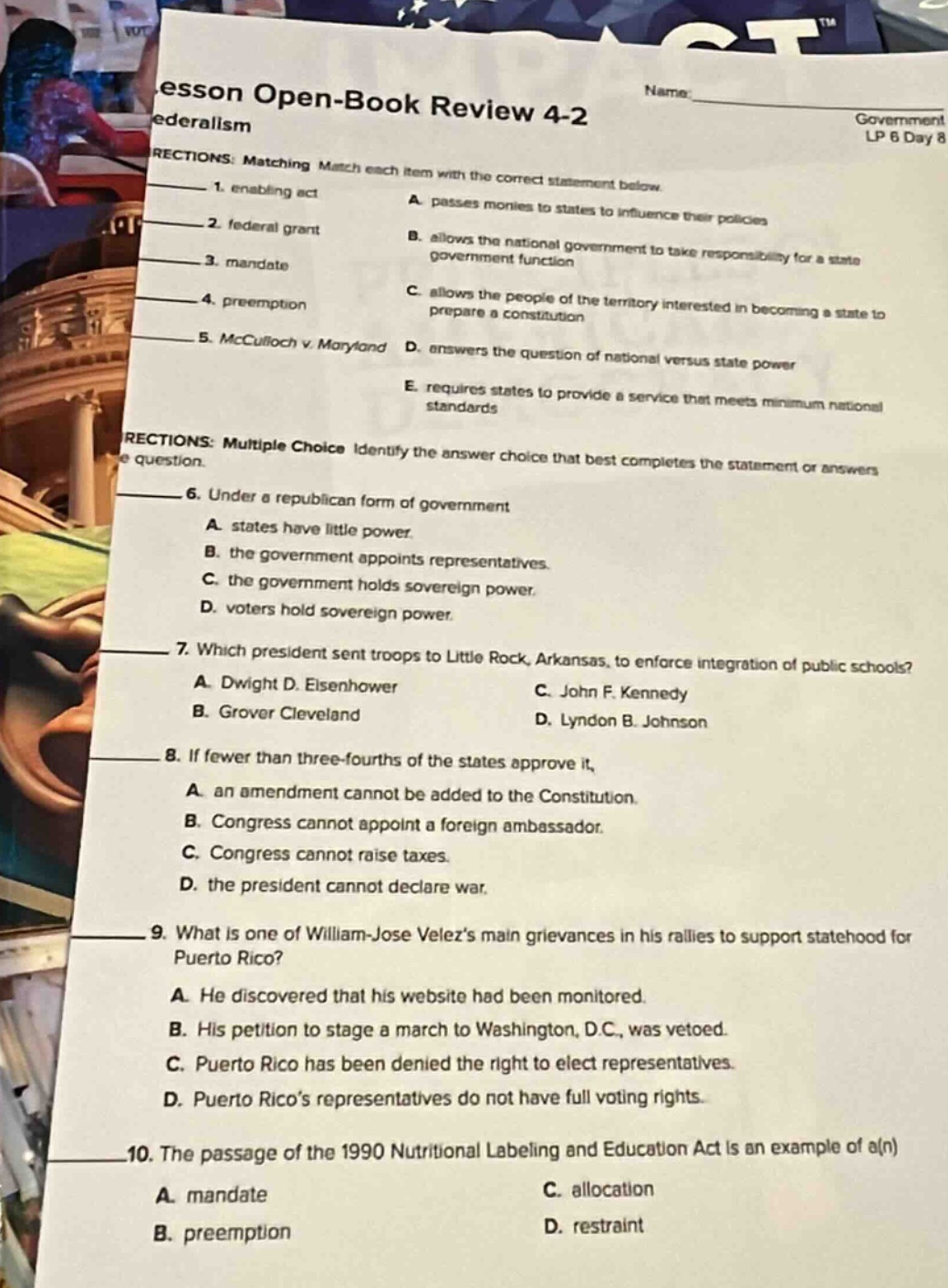 esson open - book review 4 - 2 ederalism name: government lp 6 day 8 re…