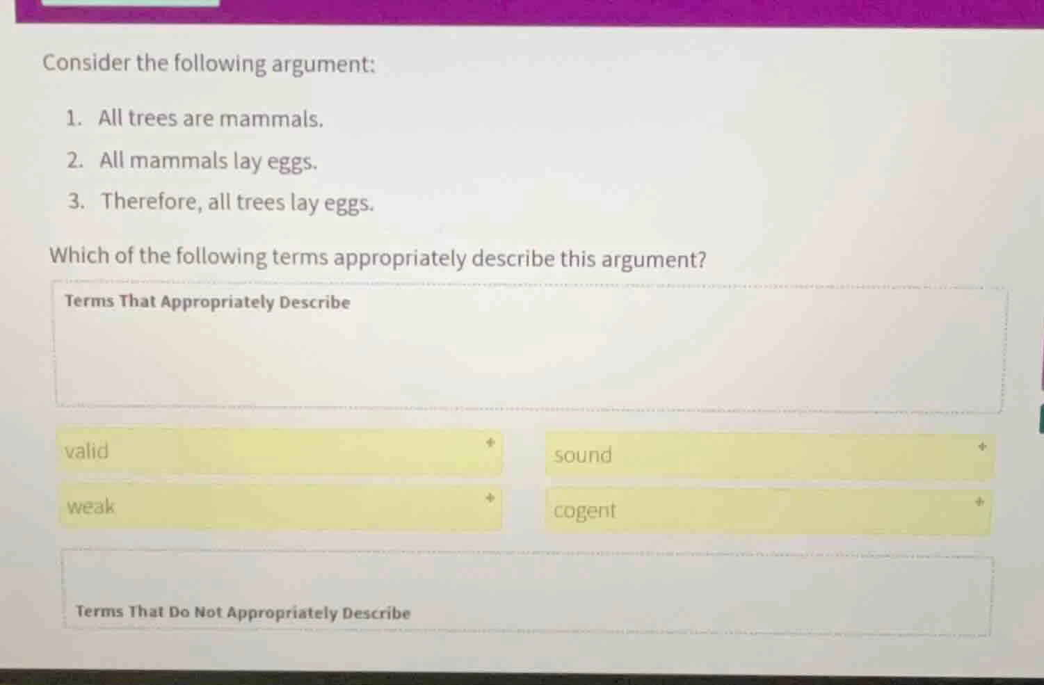 consider the following argument: 1. all trees are mammals. 2. all mamma…