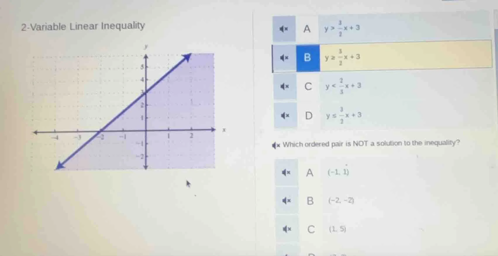 2-variable linear inequality a $y > \\frac{3}{2}x + 3$ b $y \\geq \\fra…