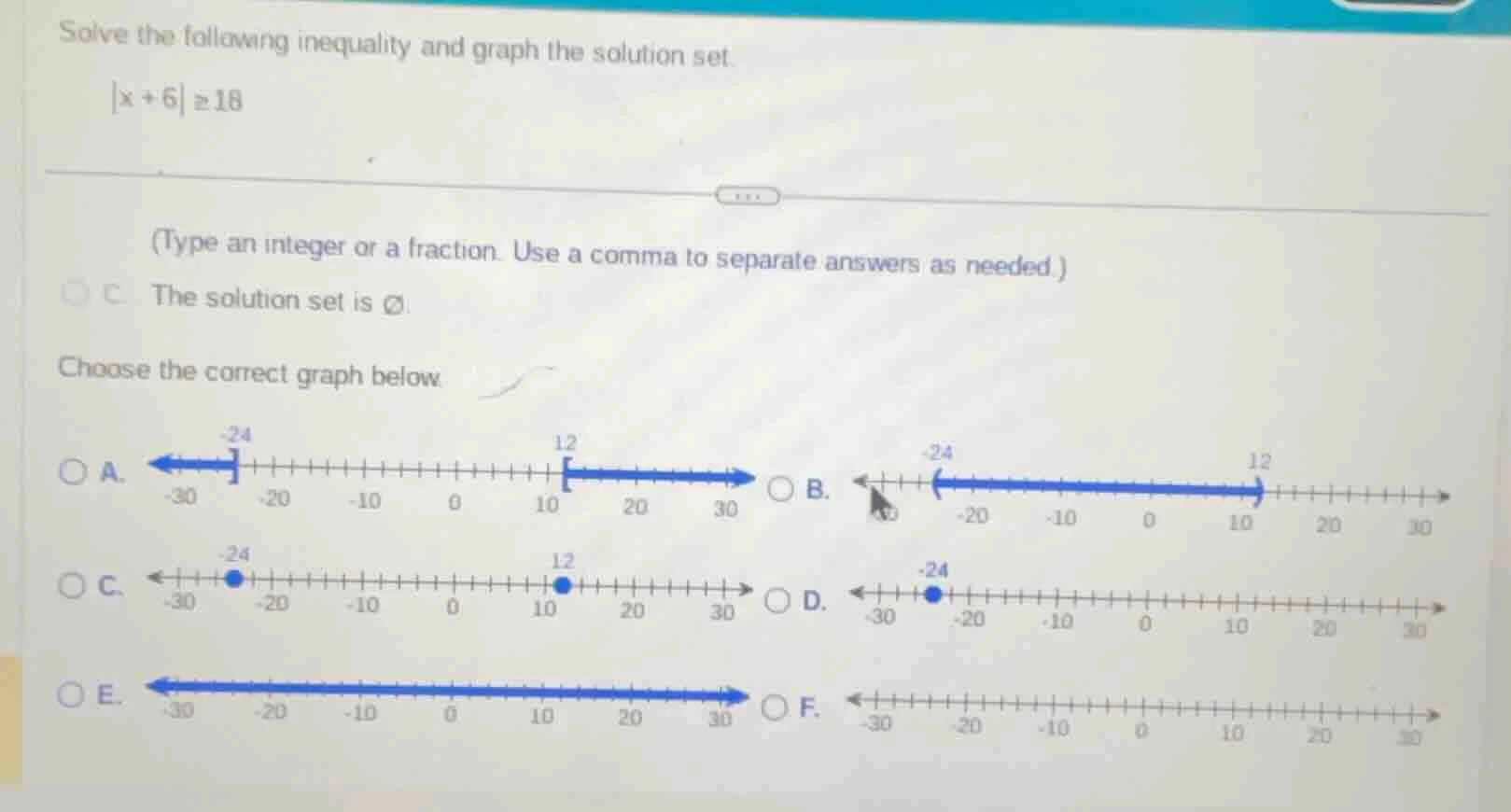 solve the following inequality and graph the solution set.\\(|x + 6| \\…