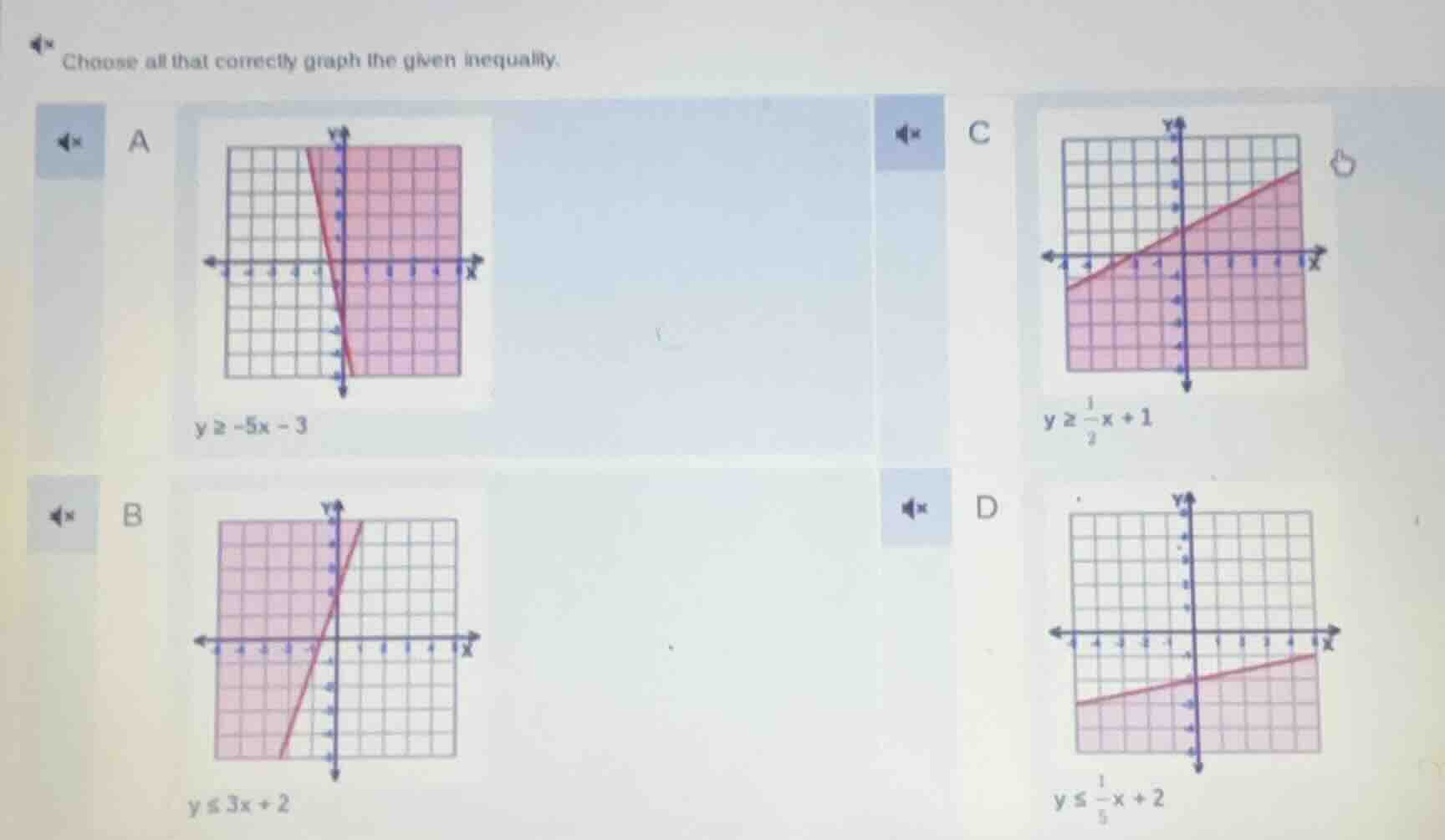 choose all that correctly graph the given inequality. a $y \\geq -5x - …