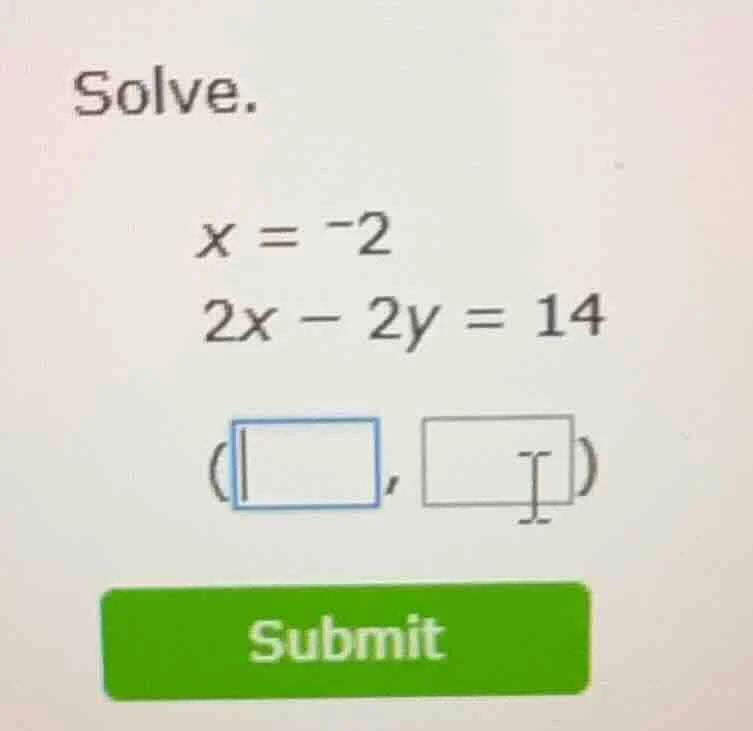 solve. x = -2 2x - 2y = 14 (\\square, \\square)