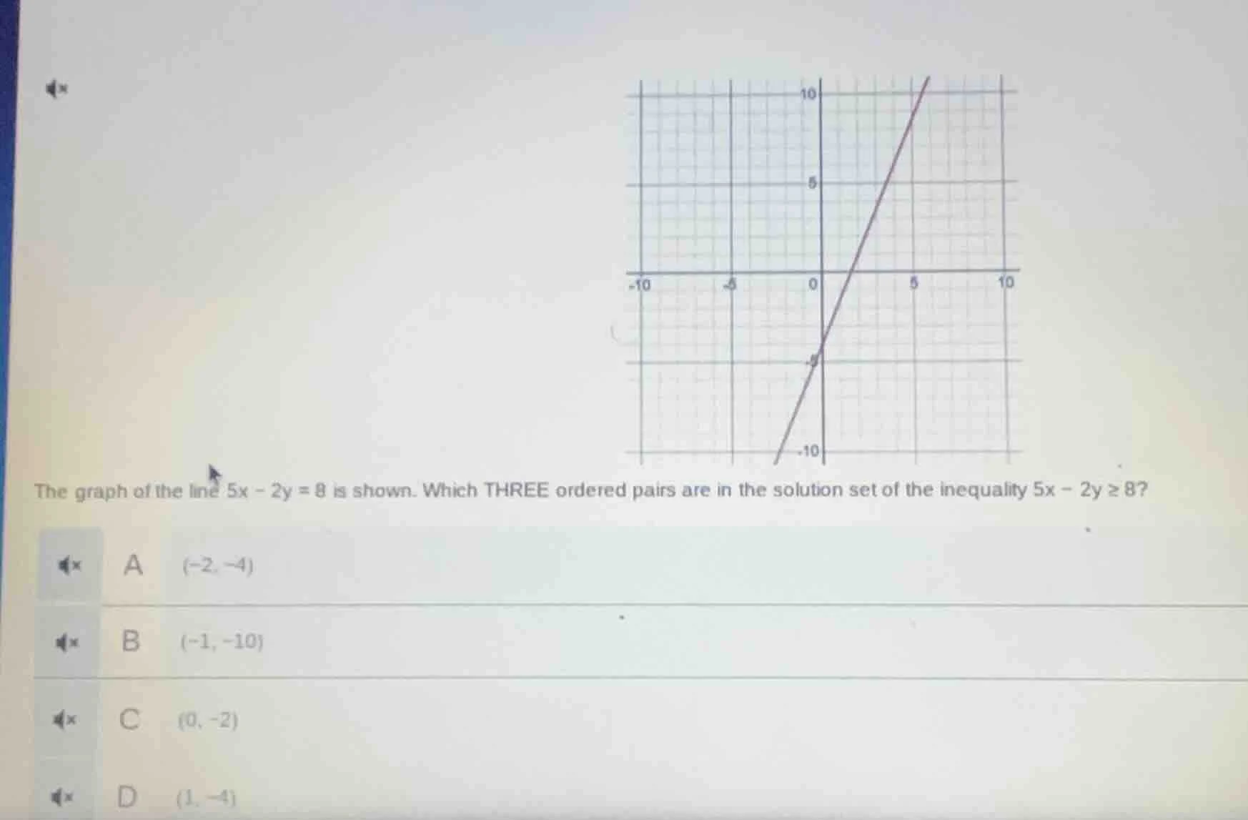the graph of the line ( 5x - 2y = 8 ) is shown. which three ordered pai…