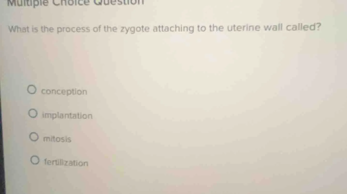 multiple choice question what is the process of the zygote attaching to…