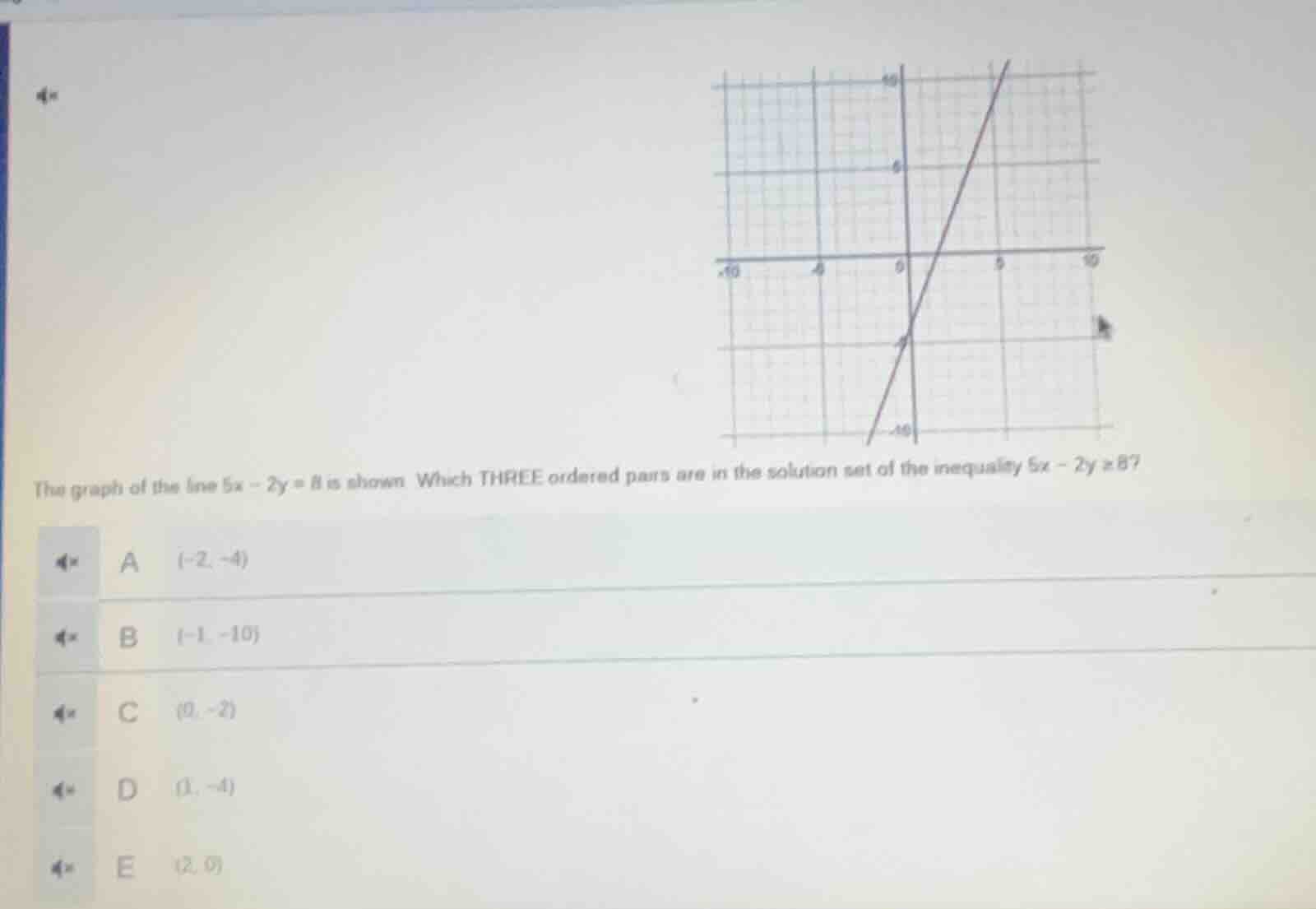 the graph of the line ( 5x - 2y = 8 ) is shown. which three ordered pai…