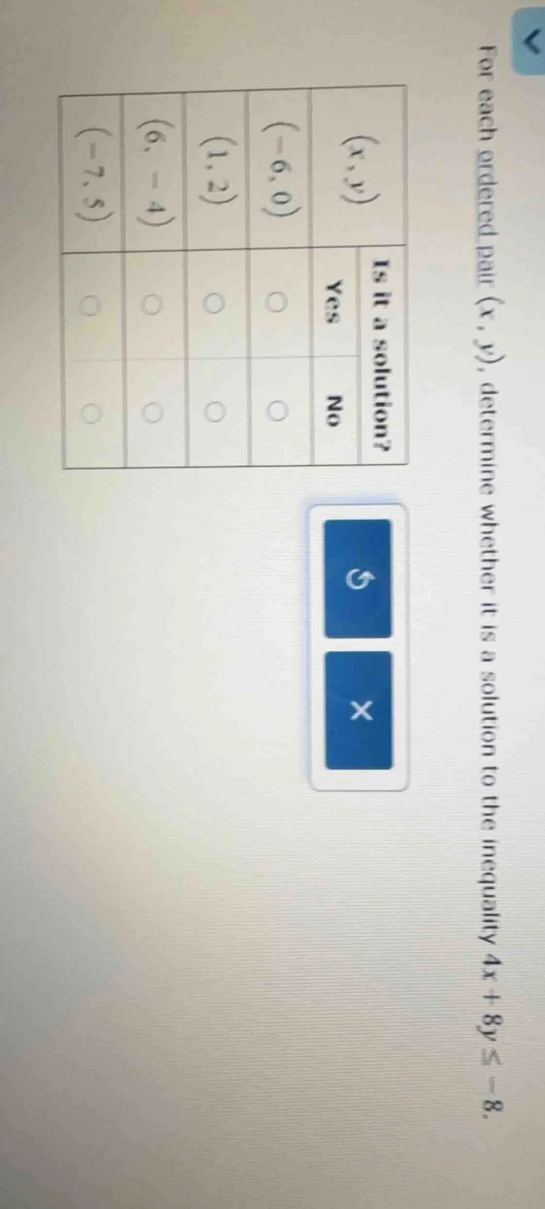 for each ordered pair (x, y), determine whether it is a solution to the…