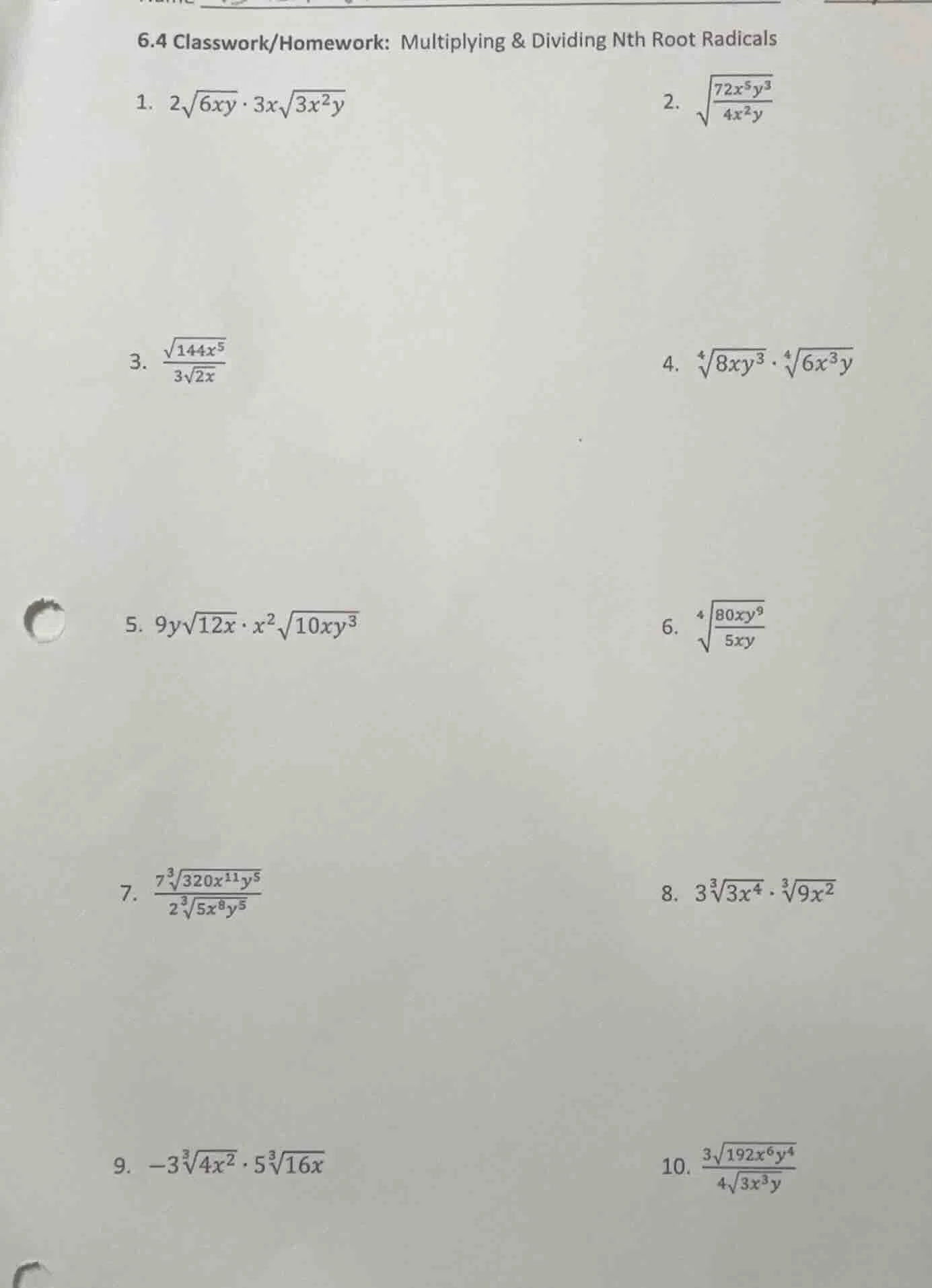 6.4 classwork/homework: multiplying & dividing nth root radicals 1. $2\…