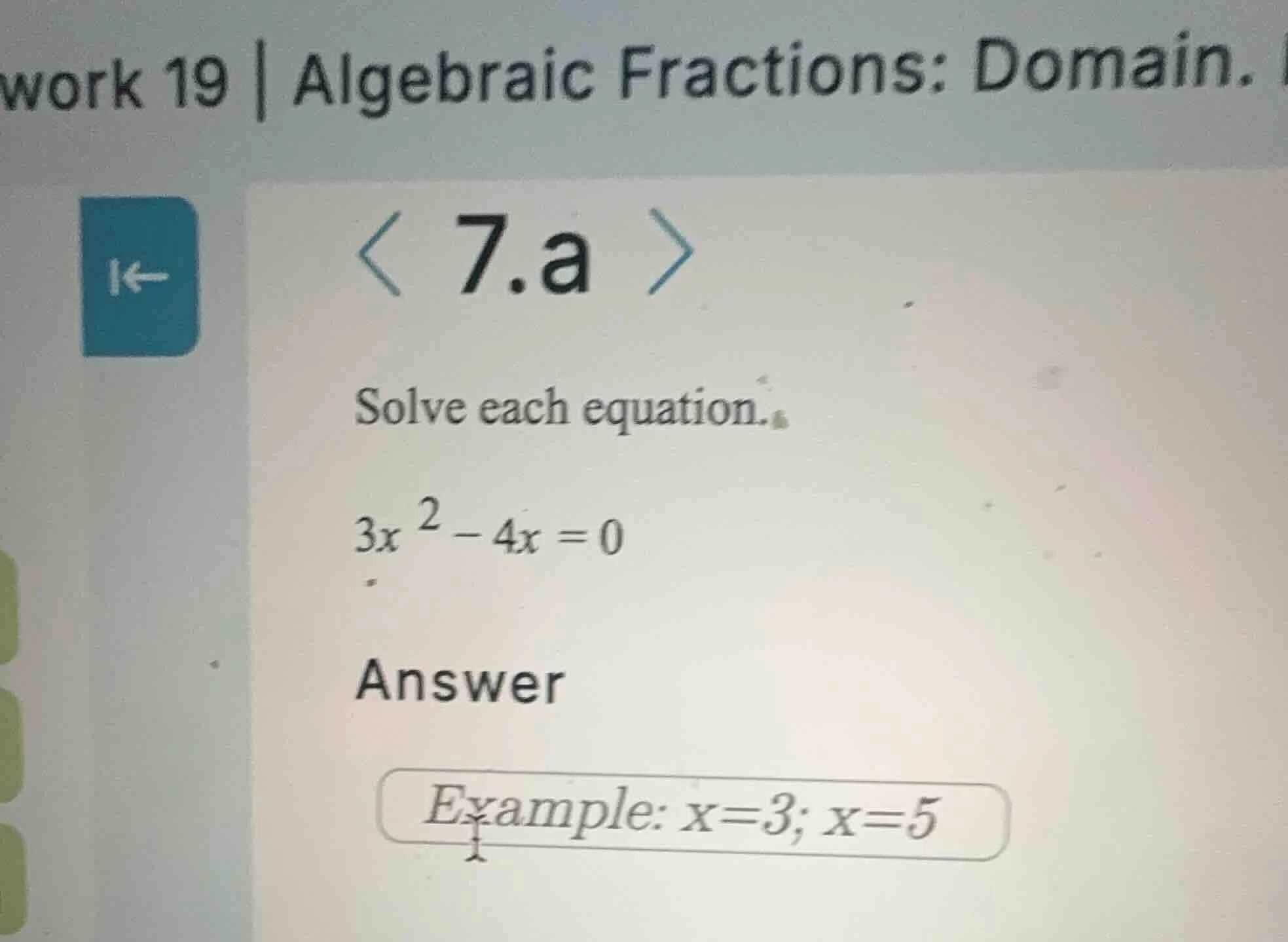 work 19 | algebraic fractions: domain. < 7.a > solve each equation. $3x…
