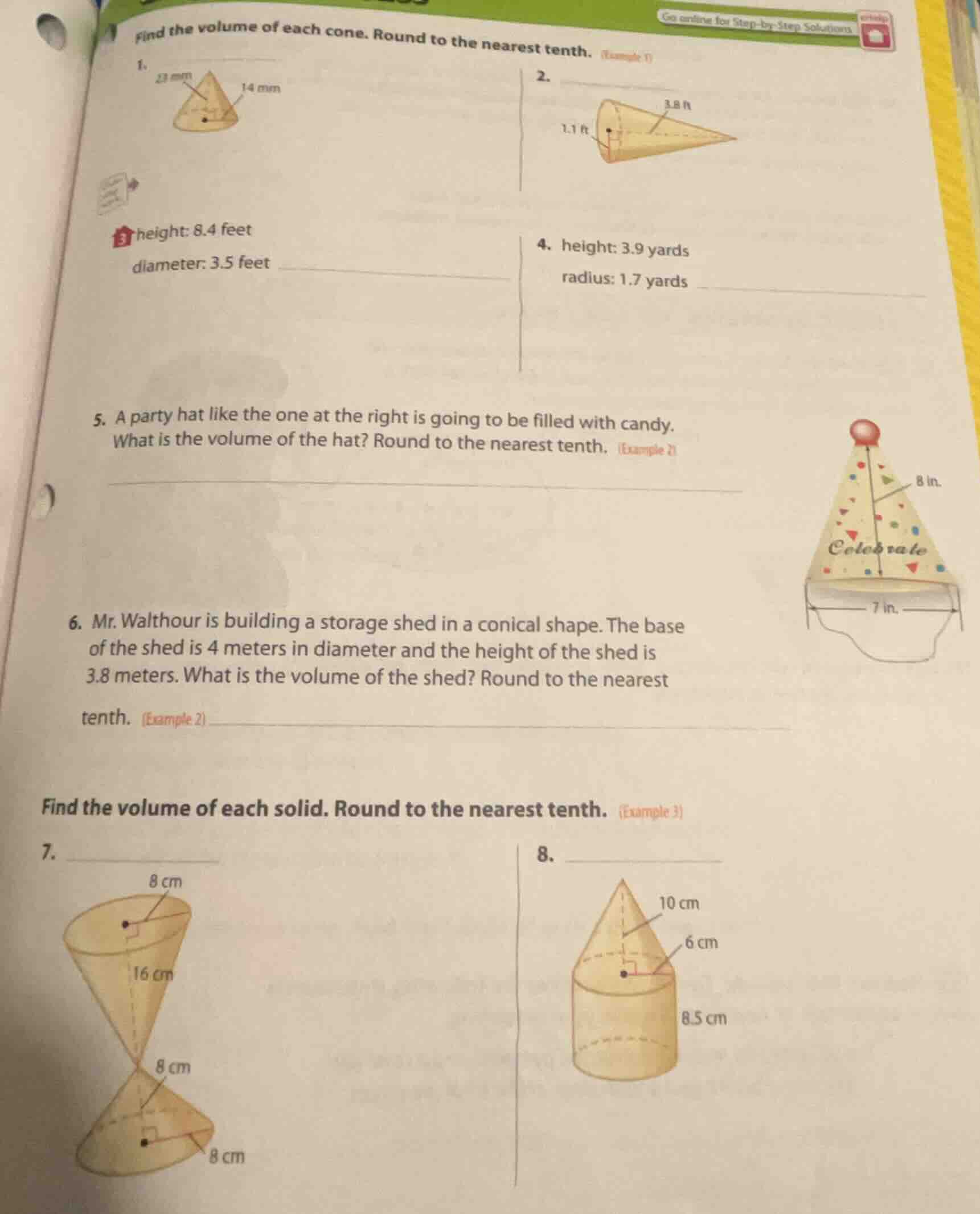 find the volume of each cone. round to the nearest tenth. (example 1) 1…