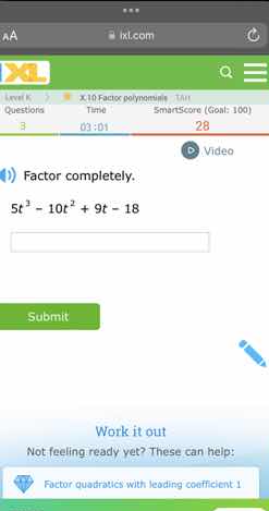 factor completely. $5t^{3} - 10t^{2} + 9t - 18$