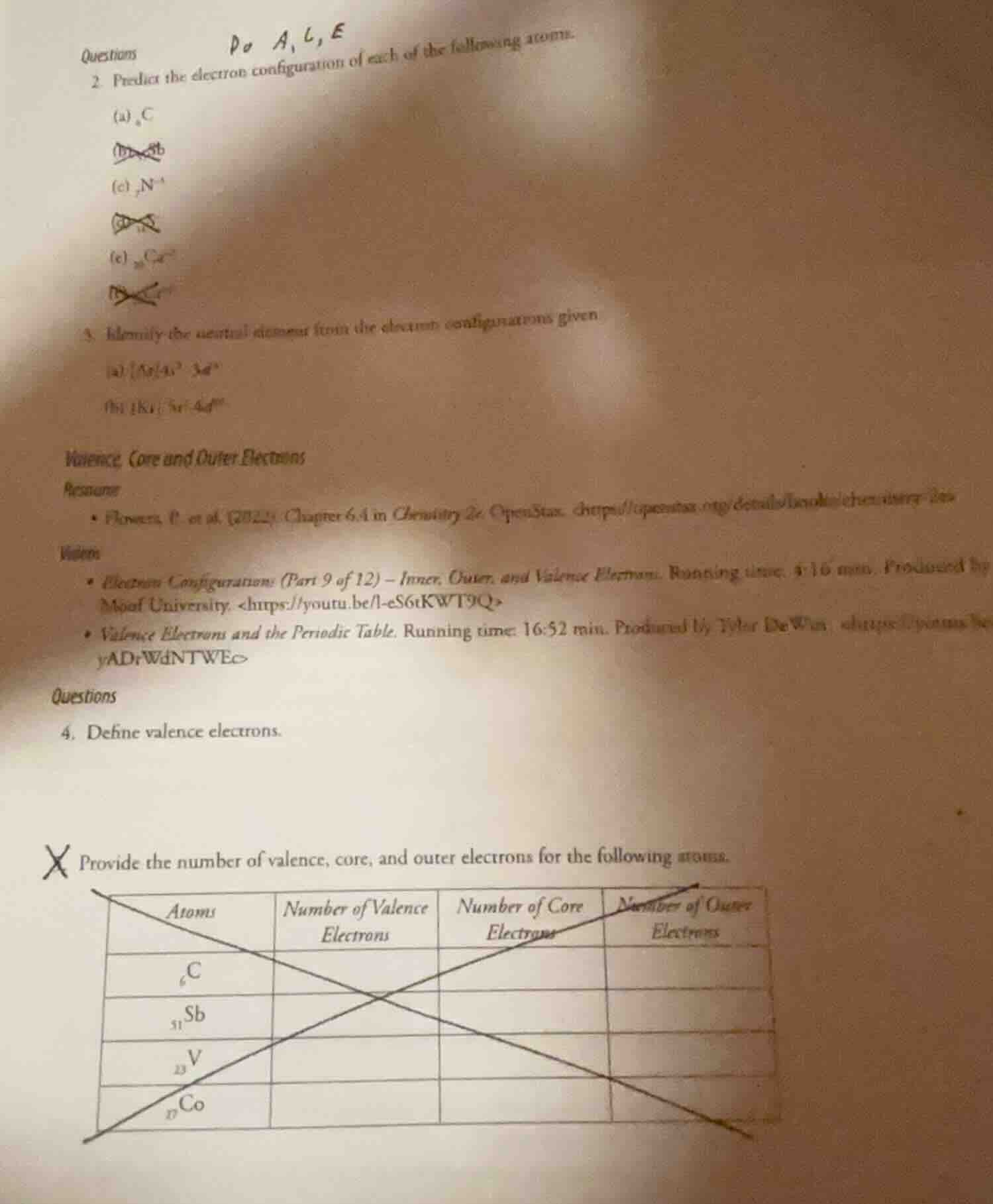 questions do a, c, e 2. predict the electron configuration of each of t…