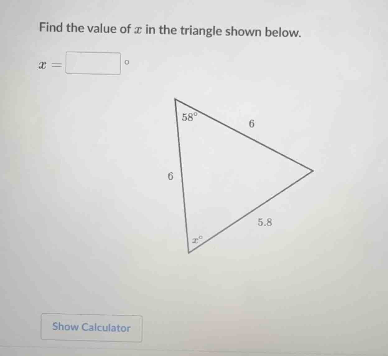 find the value of ( x ) in the triangle shown below. ( x = square^circ …
