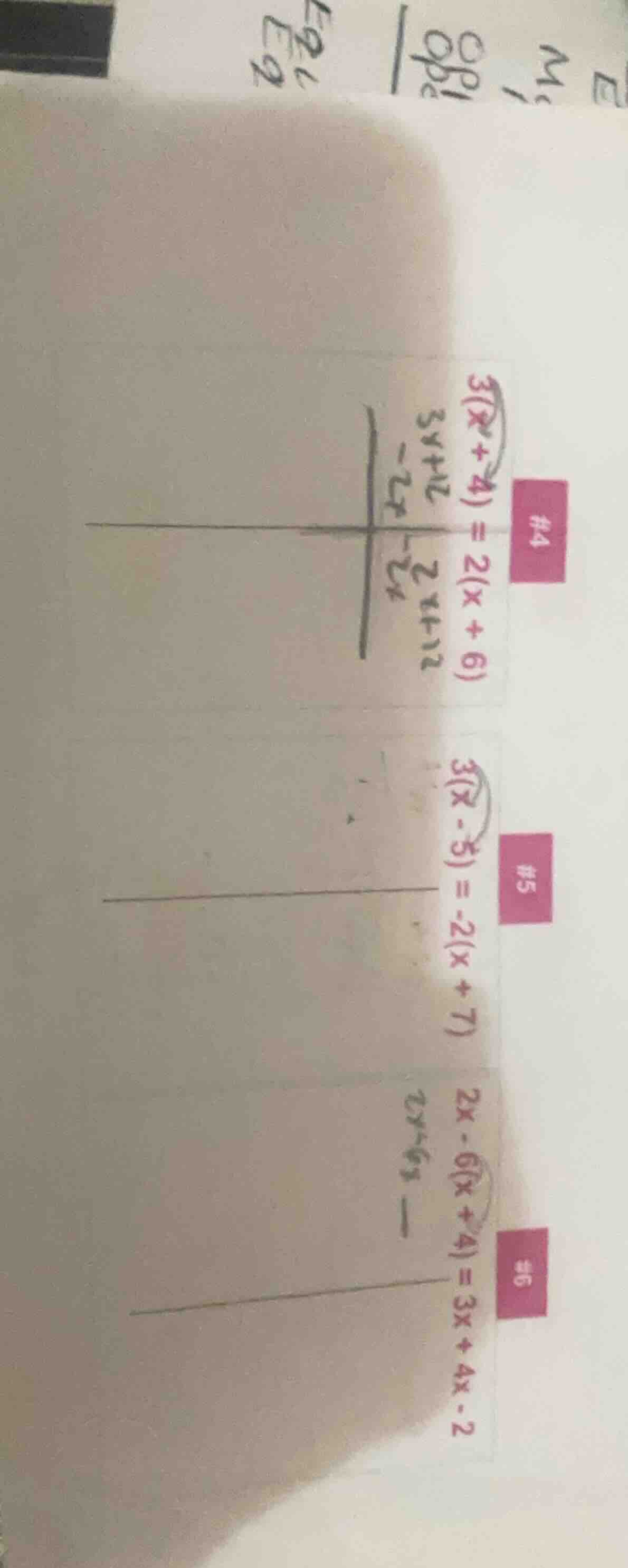 #4 3(x + 4) = 2(x + 6) #5 3(x - 5) = -2(x + 7) #6 2x - 6(x + 4) = 3x + …