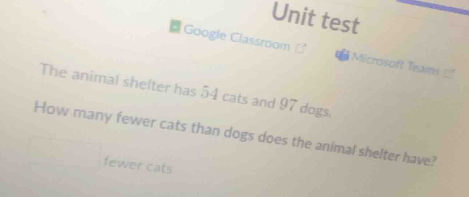 the animal shelter has 54 cats and 97 dogs. how many fewer cats than do…