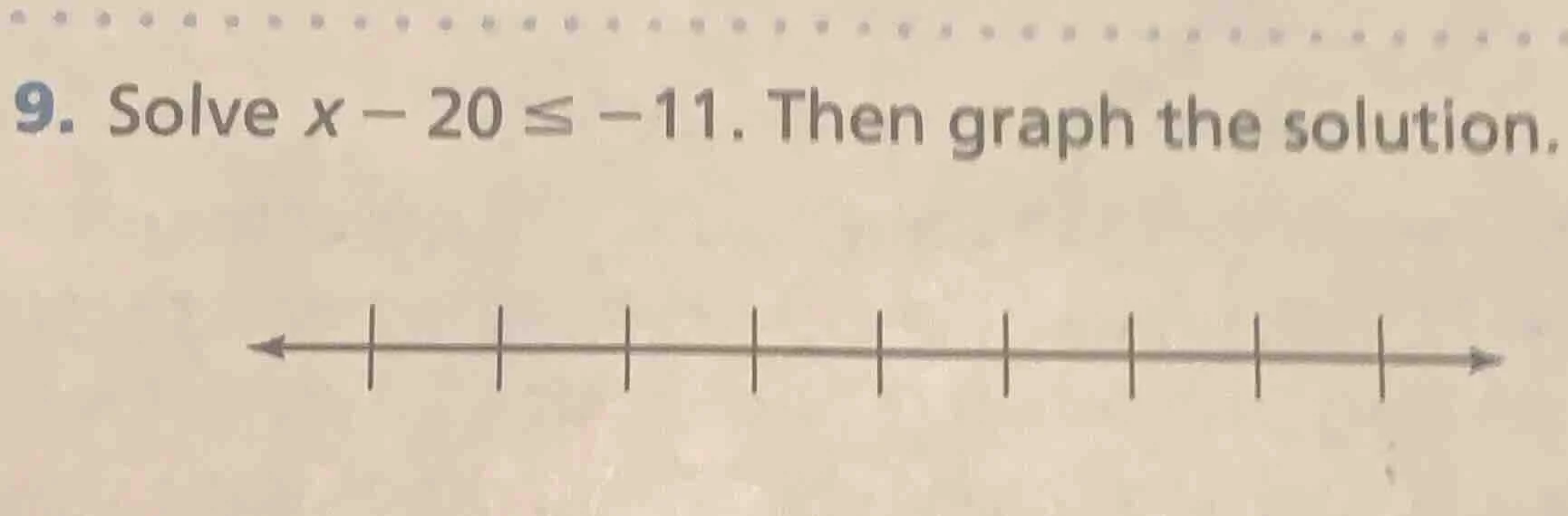 9. solve $x - 20 leq -11$. then graph the solution.