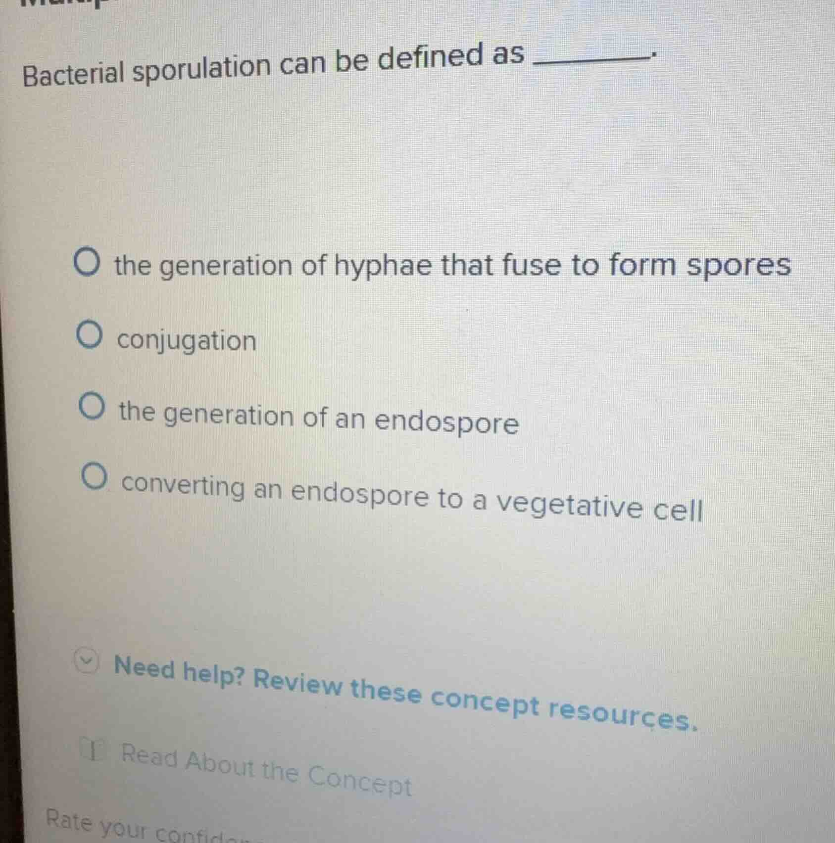 bacterial sporulation can be defined as ______. the generation of hypha…