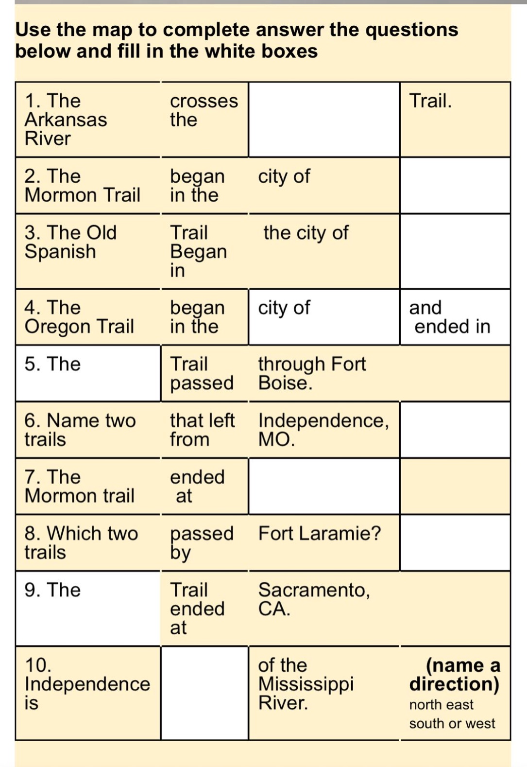 use the map to complete answer the questions below and fill in the whit…