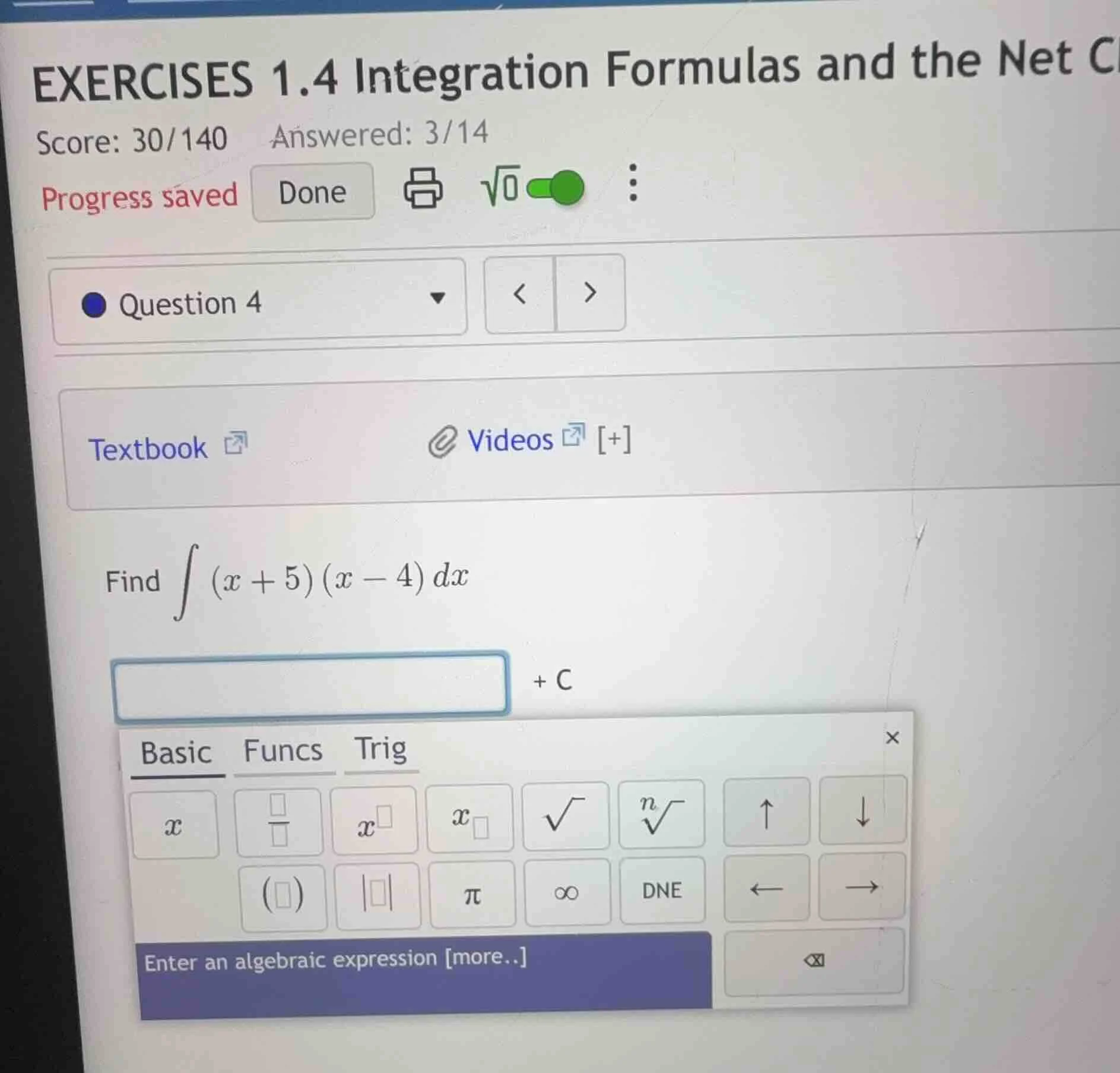 find \\(\\int (x + 5)(x - 4) dx\\) + c