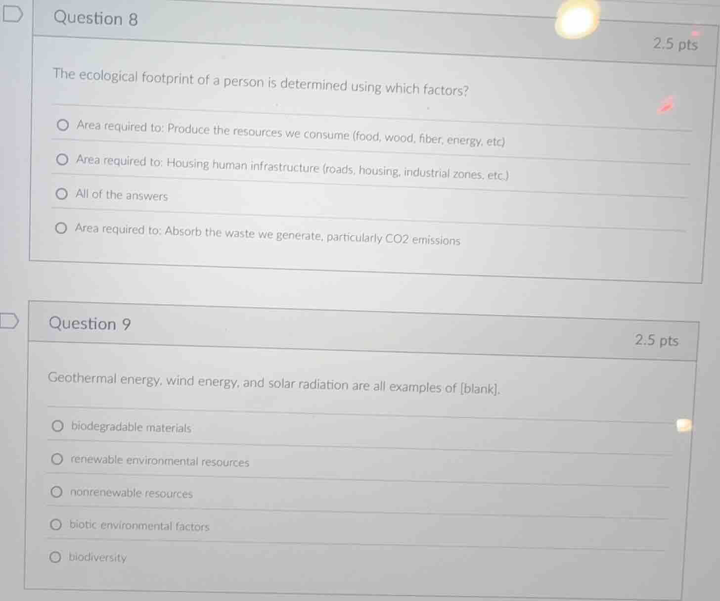 question 8 2.5 pts the ecological footprint of a person is determined u…