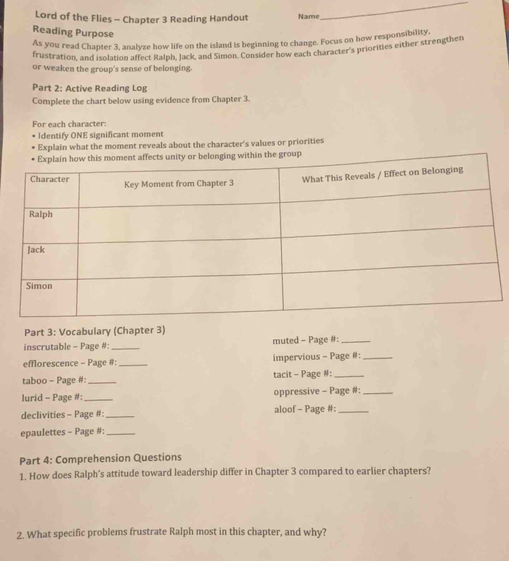 lord of the flies – chapter 3 reading handout name reading purpose as y…
