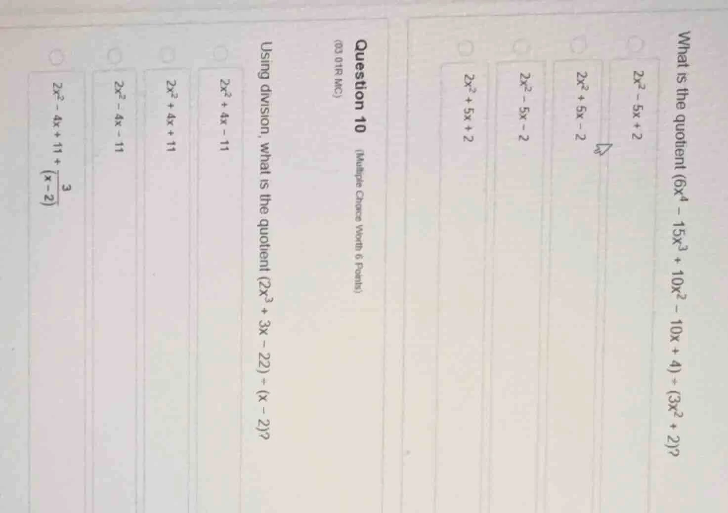 what is the quotient $(6x^4 - 15x^3 + 10x^2 - 10x + 4) \\div (3x^2 + 2)…