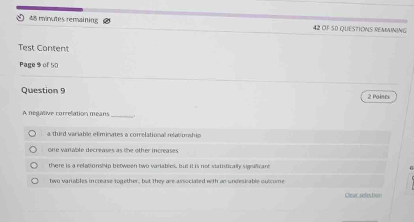 test content page 9 of 50 question 9 2 points a negative correlation me…